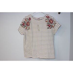 Chicos Womens Striped Floral Embroidered Short Sleeve 2R Large White/Black NWT